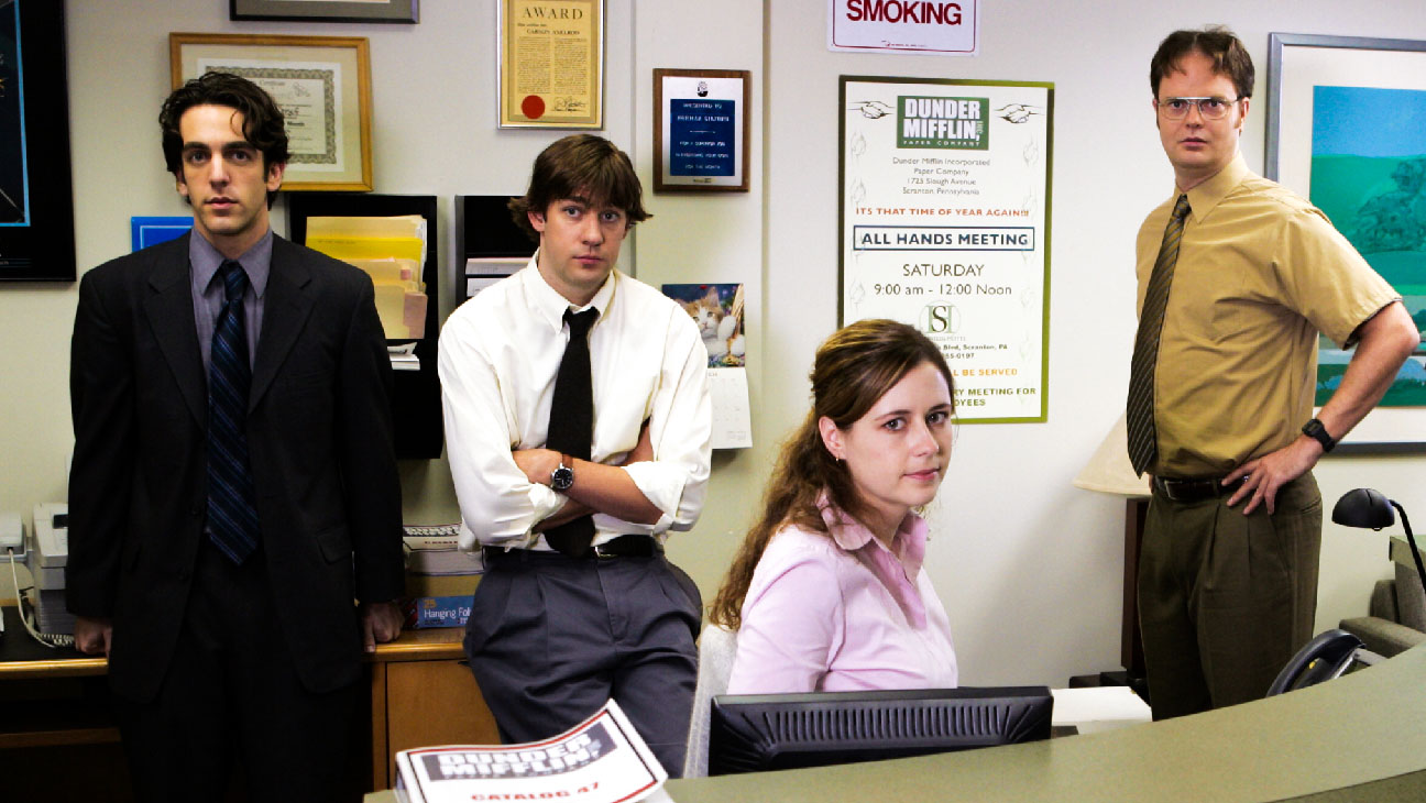The Office: An American Workplace (NBC) season 1Spring 2005Shown: B.J. Novak (as Ryan Howard), John Krasinski (as Jim Halpert), Jenna Fischer (as Pam Beesley), Rainn Wilson (as Dwight Schrute), Steve Carell (as Michael Scott)
